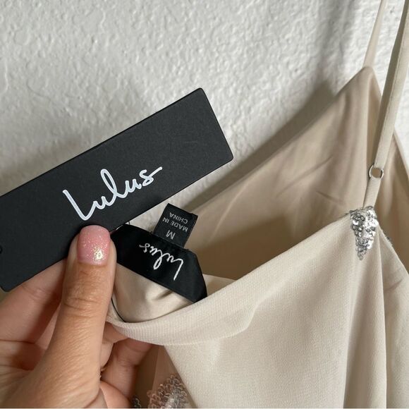 Lulus Elevated Approach Neutral Beaded Sequin Floral Shift Mini Dress Medium - Picture 5 of 6